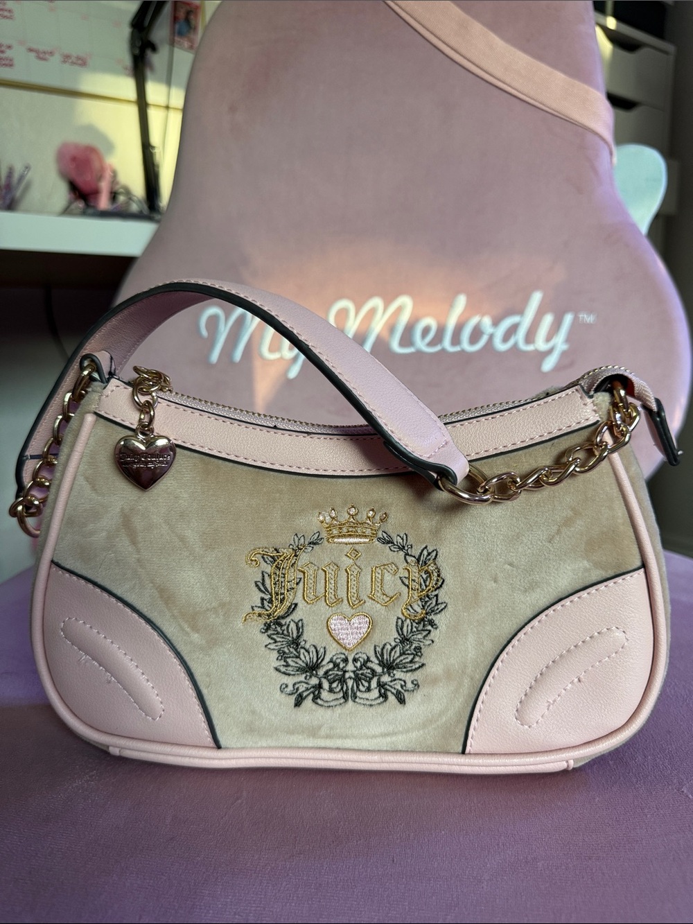 Juicy Couture Pink and Beige Chain-Accent Shoulder Bag